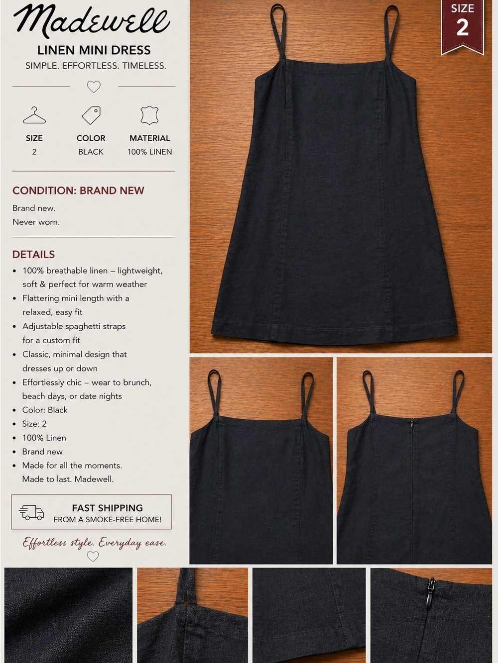 Madewell Black Linen Mini Slip Dress with Adjustable Straps